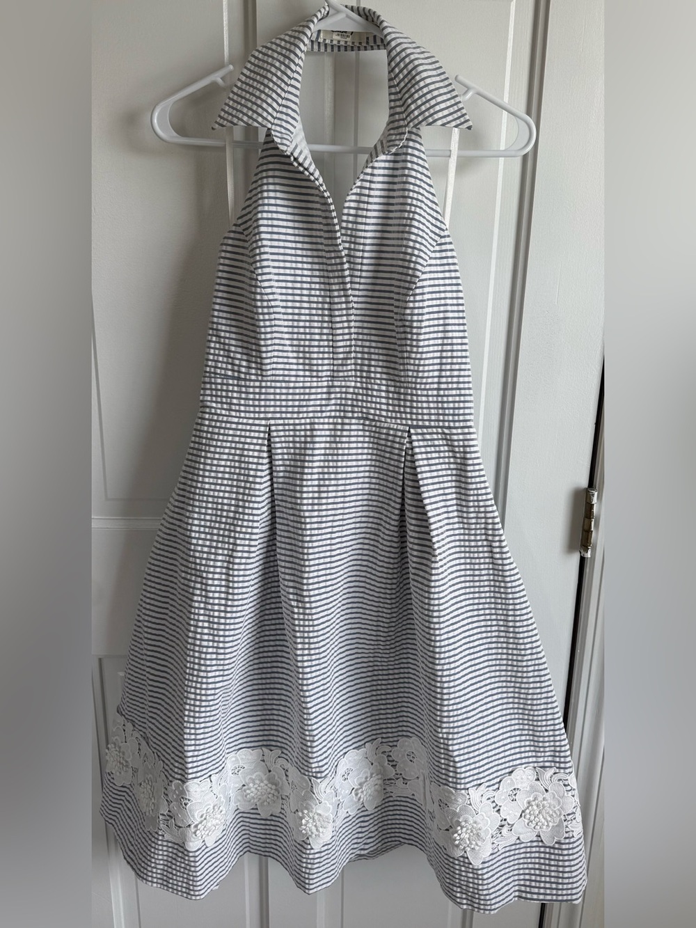 Eliza J Blue White Striped Halter Fit Flare Dress Floral Lace Size 2